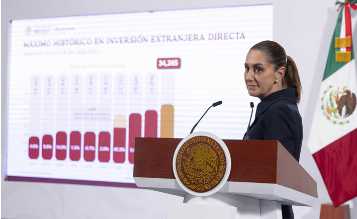 Al informar que el periodo abril-junio de 2025 es el segundo trimestre más alto en inversión extranjera directa (IED) con el arribo de 34 mil 265 millones de dólares, la presidenta Claudia Sheinbaum Pardo afirmó que “ni los aranceles pudieron con la economía mexicana”. (Fotografía: Gobierno de México)